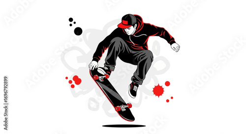 Skateboarder Performing an Aerial Trick with Stylish Outfit Against a Modern Background