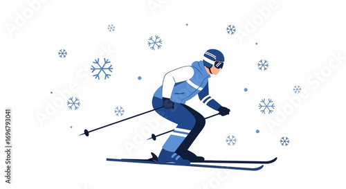 Skier Gliding Down a Snowy Slope Amidst Falling Snowflakes On A Winter Day