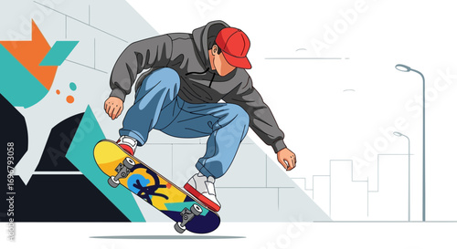 Skater Performing An Artistic Trick With Colorful Board Against City Background