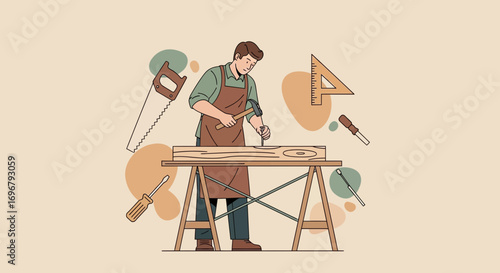 Skilled Carpenter Crafting Wood, Detailed Illustration of a Professional Craftsman Working