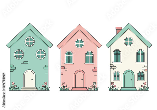 Collection of three whimsical houses in pastel colors, isolated on white background, each with unique design and playful charm for a delightful scene