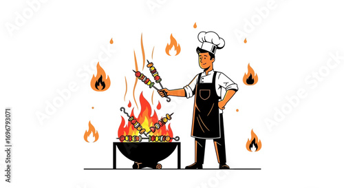 Skilled Chef Presenting Grilled Kebabs Over Burning Flames, Ready To Serve