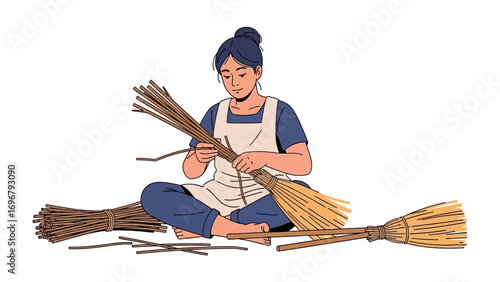 Artisan Crafting a Broom: An artisan meticulously weaves a broom, highlighting the age-old practice of crafting utilitarian objects. The scene evokes a sense of tradition and skill.
