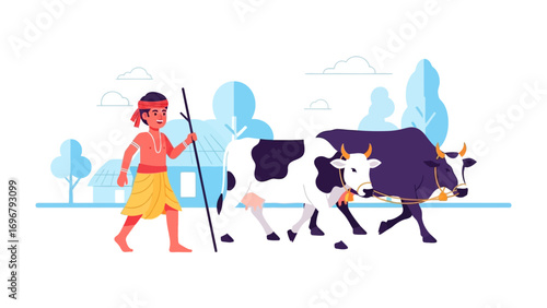 Guardian of the Herd: A vibrant illustration depicts a young herdsman leading two bovine companions. This lively illustration offers a glimpse into rural life and pastoral simplicity.