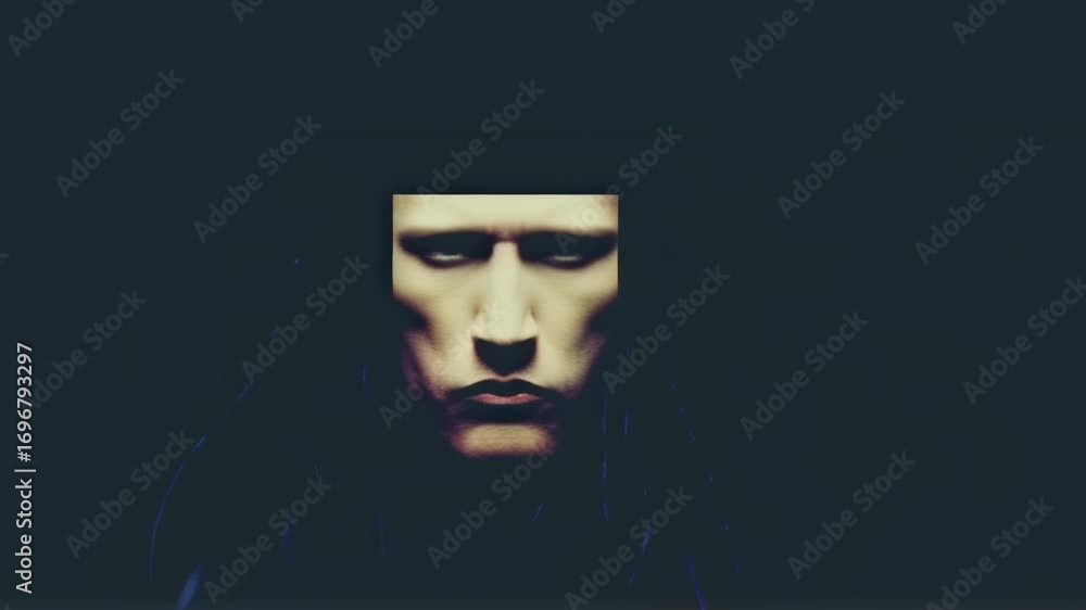 Creepy animated face morphing on dark background. Digital art of changing human expressions. Eerie video effect for horror film, halloween content or psychological thriller