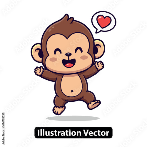 Charming and lovable cartoon monkey radiating happiness with a heart, full of playful energy
