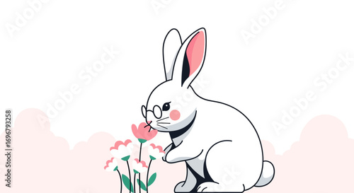 Smart Bunny Enjoying The Scent Of Lovely Flowers In Its Peaceful Garden