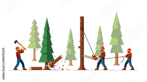 Forestry Workforce at Work: Illustrative depiction of forestry workers, trees, cutting with tools with dynamic action poses of lumberjacks at work.
