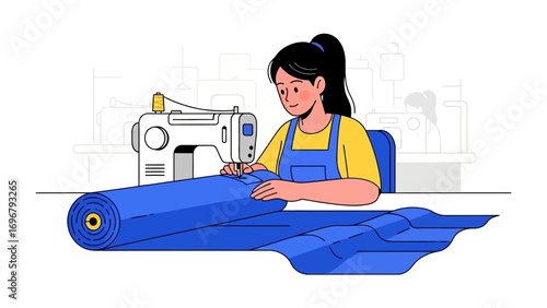 Artisan's Touch: A focused seamstress, illuminated by soft light, skillfully maneuvers a fabric bolt through a mechanical sewing machine.