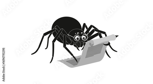Smart Spider Reading News With Glasses While Holding a Paper Scroll on White Background