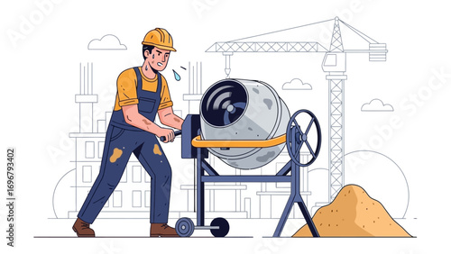 Construction Worker and Cement Mixer: A determined construction worker, donned in a protective hard hat and work clothes, diligently operates a cement mixer, embodying the essence of construction.