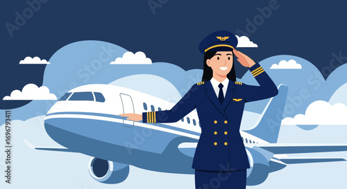Smiling Aviation Professional Saluting Near Airplane During Daytime in Flat Vector Style