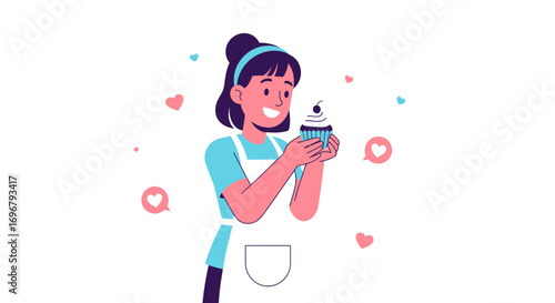 Smiling Baker Admires A Delicious Cupcake With Cherry And Decorative Hearts