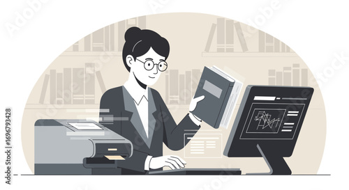 Professional Woman Researching And Working, Reading Books And Using Technology In The Office