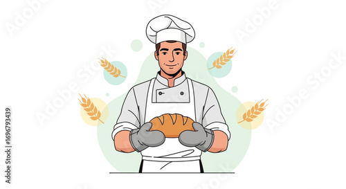 Smiling Baker Holding Freshly Baked Bread, Culinary Professional in a Clean Kitchen Uniform