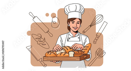 Smiling Baker Holding Tray Of Freshly Baked Bread Against Minimalist Beige Background