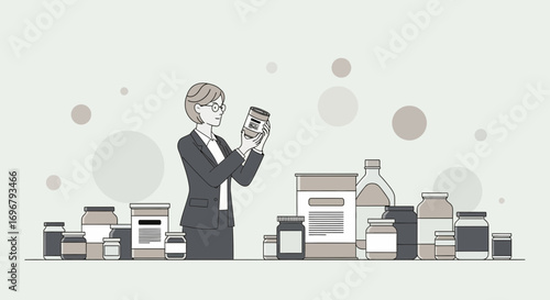 Professional Woman Examining Package Surrounded By Jars And Bottles On Beige Background