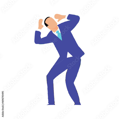 Frightened businessman in a suit protects his head from problems, a flat vector illustration symbolizing corporate crisis and anxiety