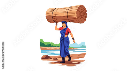 Woman with a bundle on the head: An illustration of a woman balances a tightly bound bundle on her head, walking. conveying the resilience and fortitude of individuals in their daily lives