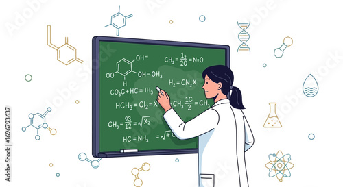 Professor Explaining Chemical Reactions on a Chalkboard with Various Formulas