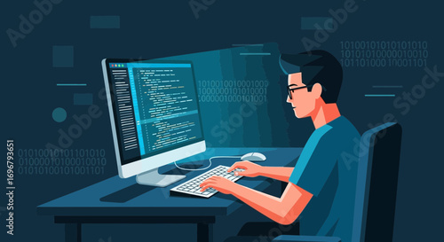 Programmer Coding on Computer during Night, Programming Illustration, Modern Digital Worker