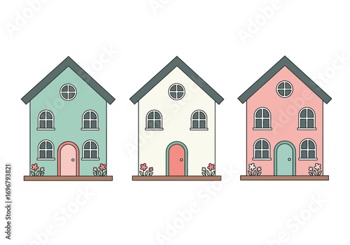 Collection of three whimsical houses in pastel colors, isolated on white background, each with unique design and playful charm for a delightful scene