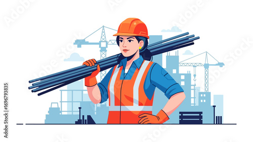 Construction Worker: A determined female construction worker stands confidently with a bundle of steel reinforcing bars on her shoulder, embodying strength and dedication on the construction site.