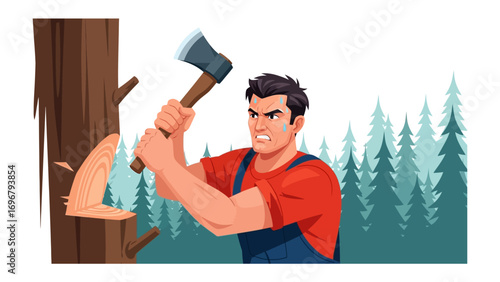 Lumberjack at Work: A determined lumberjack, wielding an axe, passionately chops down a tree amidst a backdrop of nature, showcasing the raw power of human labor and dedication to the environment.