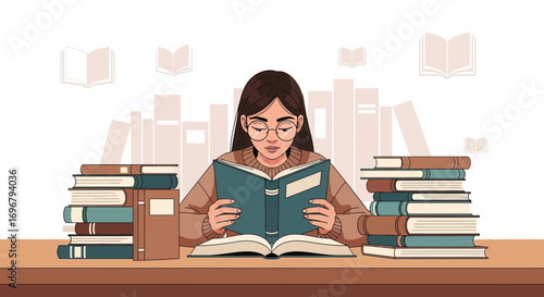 Reading Enthusiast Immersed In Literature Amongst Stacks Of Books, Studying And Learning