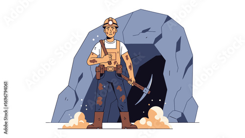 Miner at the Mine: A diligent miner, illuminated by a headlamp, confidently stands ready at the entrance of the mine, pickaxe in hand, ready to extract valuable resources