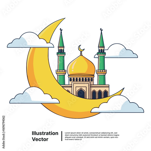 Vibrant Islamic Mosque on Crescent Moon Surrounded by Clouds, Symbolizing Spiritual Journey and Celebration