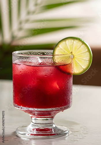 Koktail merah tua yang menyegarkan dengan hiasan jeruk nipis di gelas dingin, cocok untuk bersantai dan pesta musim panas.