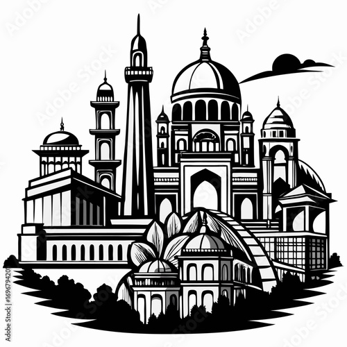 Famous Indian Monuments and Landmarks in Black and White Illustration