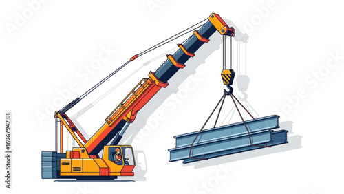 Crane Lifting Metal Beam: A detailed illustration of a construction crane, meticulously lifting a steel beam, epitomizing heavy industry and urban development in a graphical style.