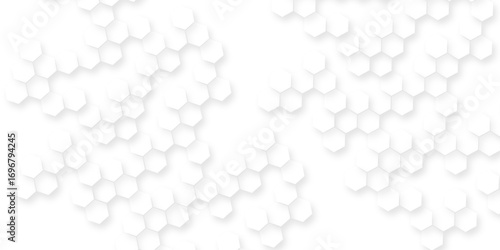 the geometric repetition and depth of the hexagonal grid, A pattern of white hexagon shapes arranged subtle shadows that create a three-dimensional abstract design.