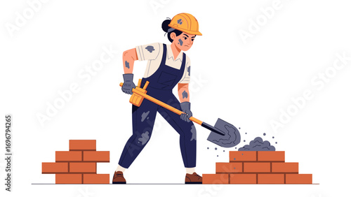 Construction Worker: A dedicated construction worker builds a brick wall, embodying hard work and craftsmanship.