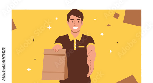 Smiling Delivery Man Offering a Brown Bag with an Extended Hand Gesture Vector Art
