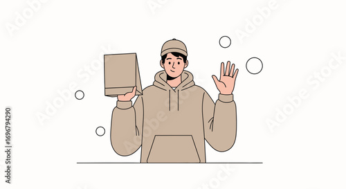 Smiling Delivery Man Presenting a Package and Giving a Welcoming Gesture to Customers