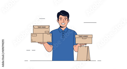 Smiling Delivery Person Carrying Takeaway Boxes And A Paper Bag For Meal Transportation