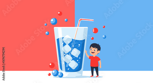 Refreshing Drink Illustration Featuring Boy with Bubbles And Ice Cubes In A Red And Blue Background