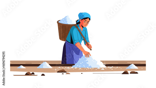 Salt Production: A female salt producer carefully gathers harvested salt, a testament to the traditional methods. The image captures a sense of manual labor and cultural heritage.