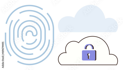Fingerprint pattern next to cloud icon with padlock visualizing digital security, privacy, cloud storage, and protection. Ideal for cybersecurity, privacy, identity, data storage, biometrics
