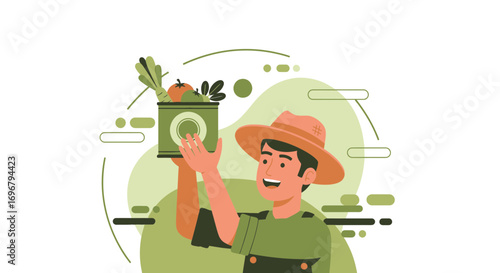 Smiling Farmer Showcasing Fresh Harvest with Vibrant Vegetables in His Hand