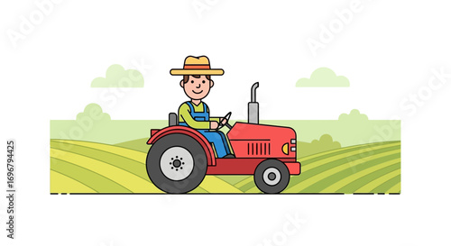 Smiling Farmer Rides A Red Tractor Across A Lush, Green Harvest Field