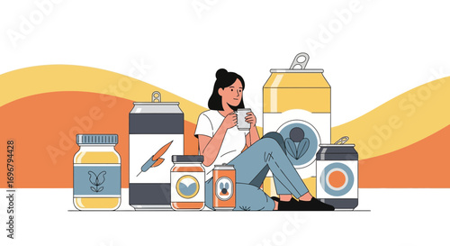 Relaxation And Beverage: A Woman Enjoying Drinks Next To Various Cans And Jars