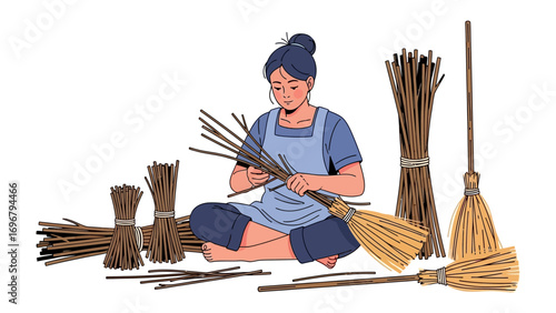 Crafting the Future: A woman artisan meticulously weaving a broom, embodying the beauty of handcrafted traditions, accompanied by organized broom elements.