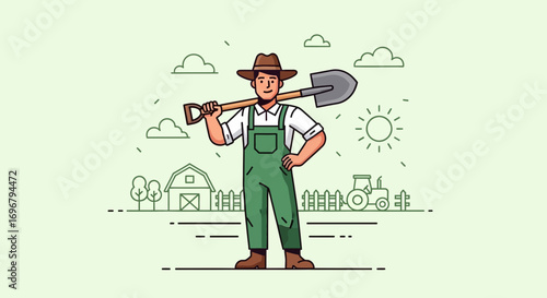 Smiling Farmer Holding Shovel on Shoulder in Green Overalls and Countryside View