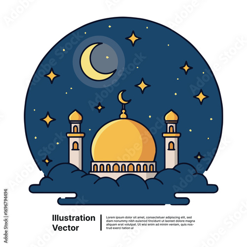 Peaceful Islamic Mosque at Night Under a Starry Sky with Crescent Moon and Golden Dome