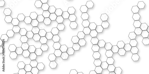 A pattern of white hexagon shapes arranged subtle shadows that create a three-dimensional, layered effect, geometric repetition and depth of the hexagonal grid.