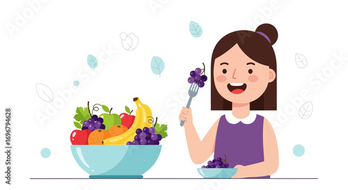Smiling Girl Enjoying Colorful Fruits, Promoting Health, Wellness, and a Balanced Diet